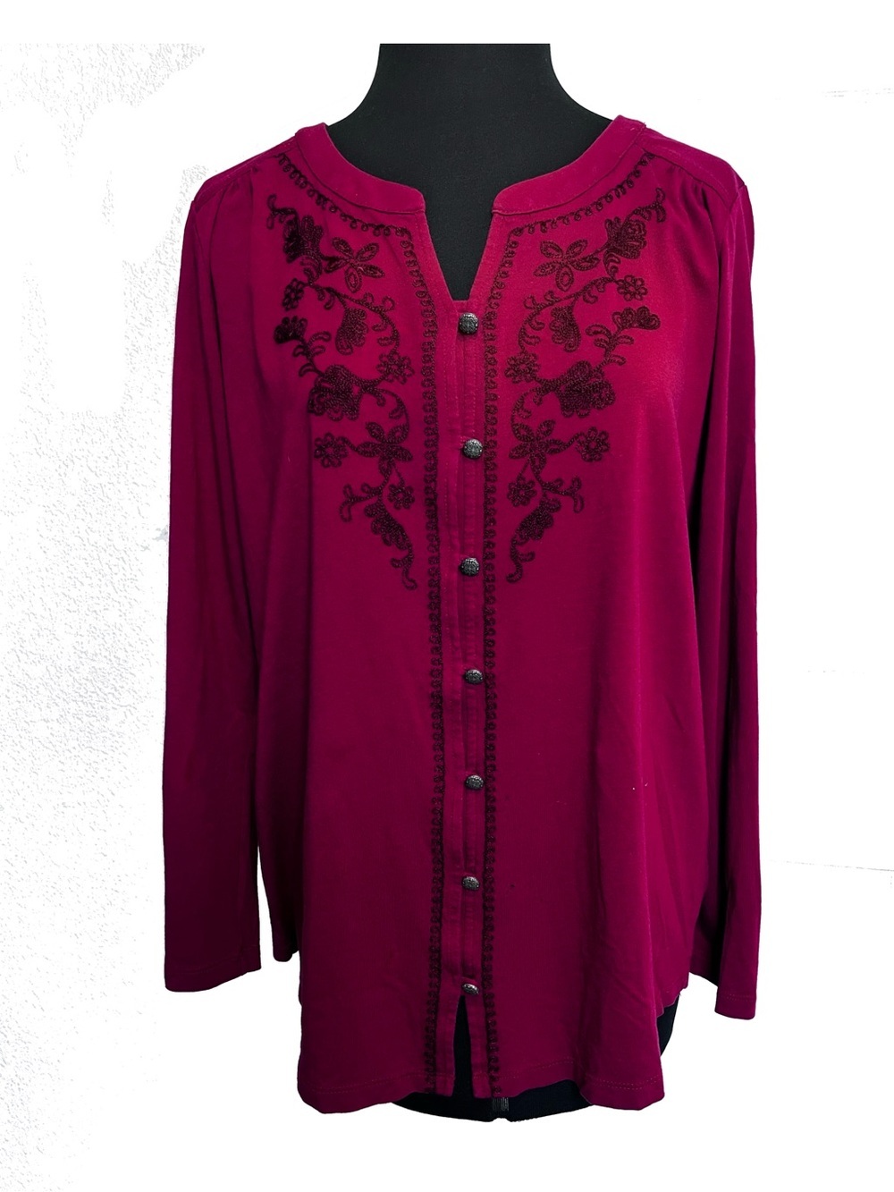 J. Jill | Red Burgundy Embroidered Floral Notched V-Neck Blouse Top, Large